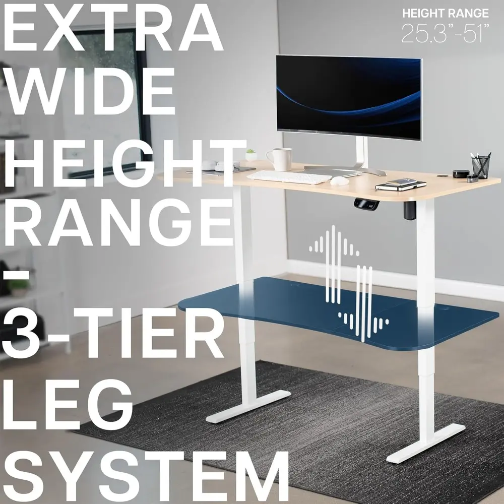 Electric 63 x 32 in Standing Desk, Memory Height Adjustment, 176 lb Frame Support, 2E Series, Light Wood Top White Frame, DESK-
