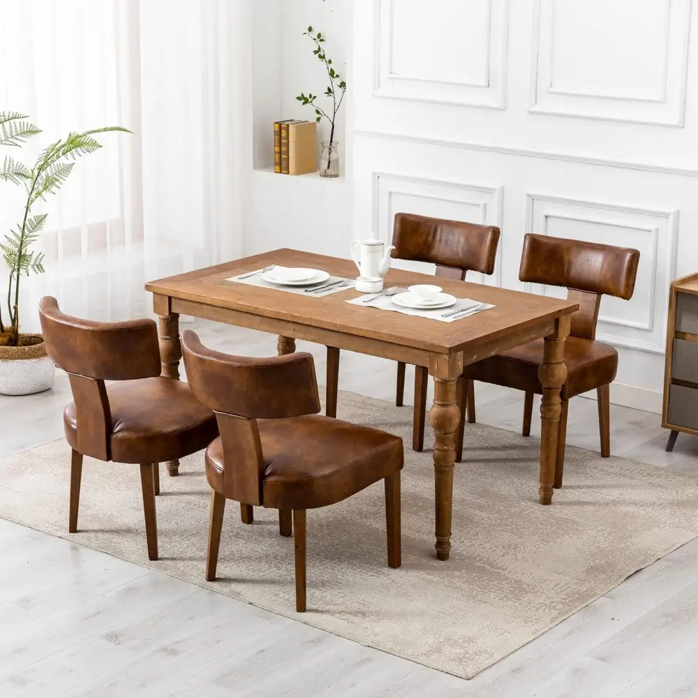 Modern Dining Chairs Set of 4, Comfy Upholstered Side Chairs with Wood Legs, PU Leather Dining Chairs with Curved Wingback for L