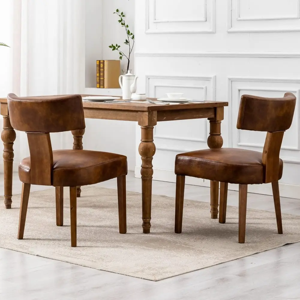 Modern Dining Chairs Set of 4, Comfy Upholstered Side Chairs with Wood Legs, PU Leather Dining Chairs with Curved Wingback for L