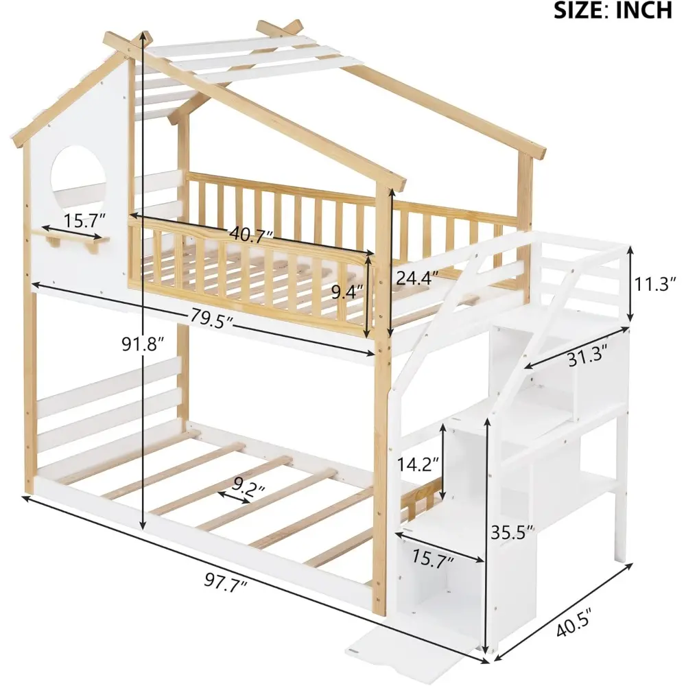 Harper & Bright Designs Twin Over Twin Bunk Bed with Stairs, Stairway House Bunk Bed Frame with Storage and Guard Rail for Kids