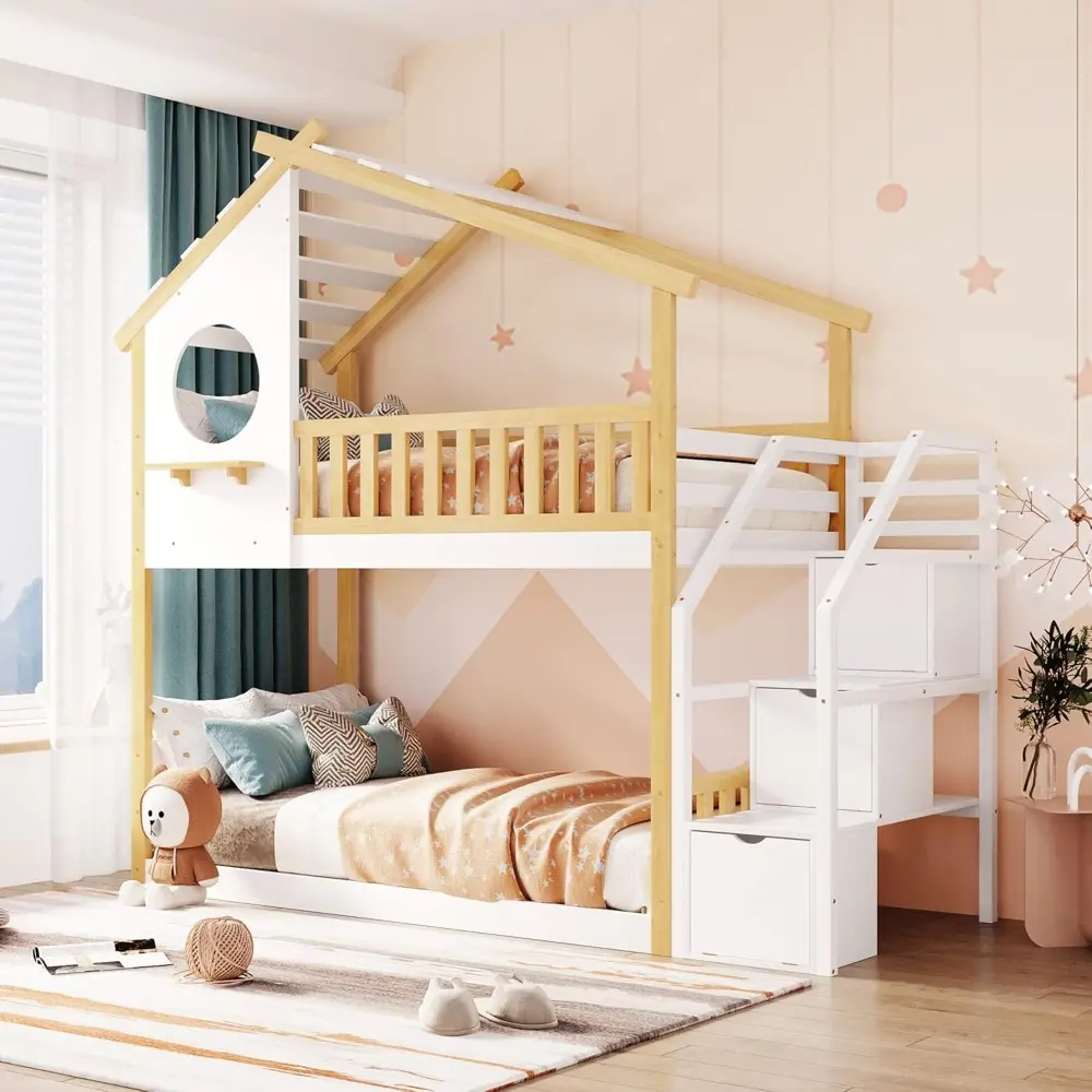 Harper & Bright Designs Twin Over Twin Bunk Bed with Stairs, Stairway House Bunk Bed Frame with Storage and Guard Rail for Kids