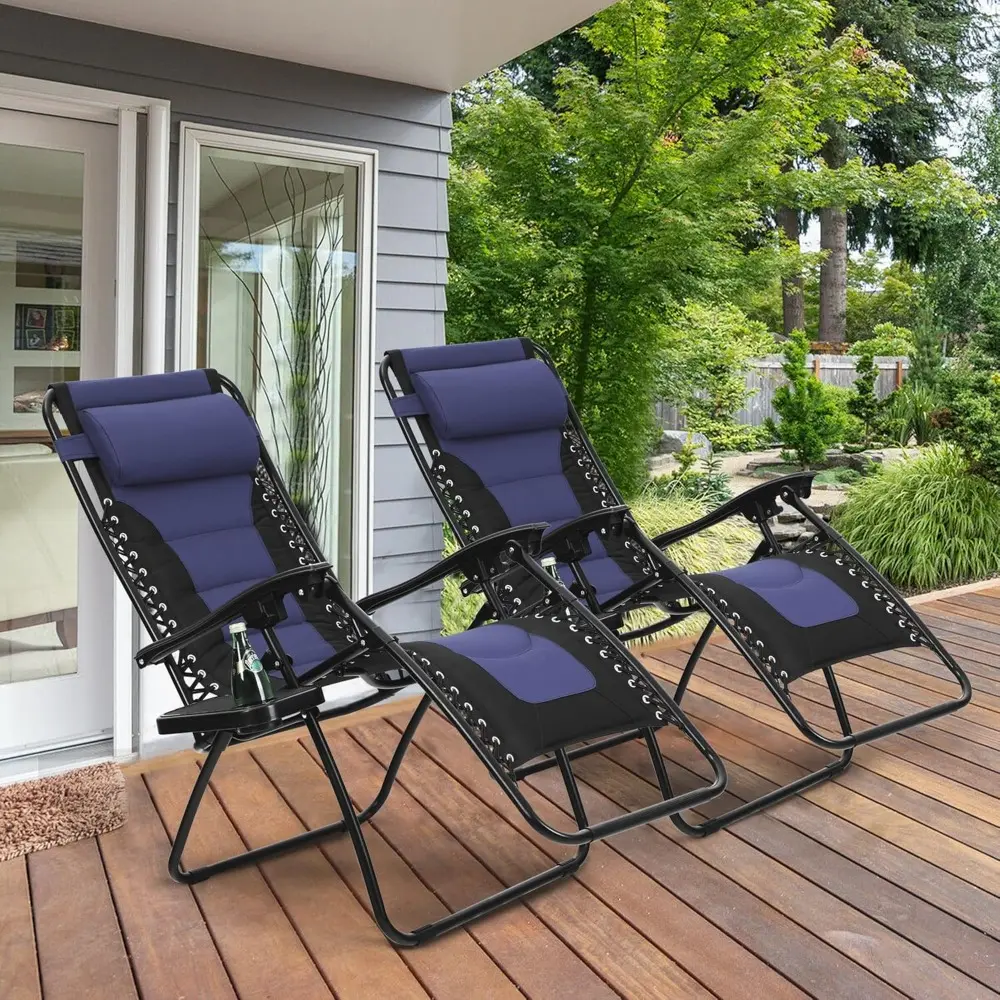 Padded Zero Gravity Lawn Chairs Set of 2 Foldable Patio Recliners Anti Gravity Lounge Chairs w/Pillow & Cup Holder Outdoor Camp