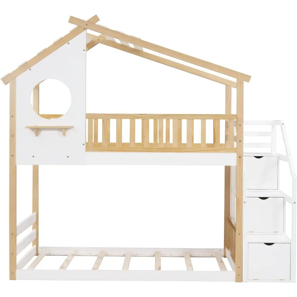 Harper & Bright Designs Twin Over Twin Bunk Bed with Stairs, Stairway House Bunk Bed Frame with Storage and Guard Rail for Kids