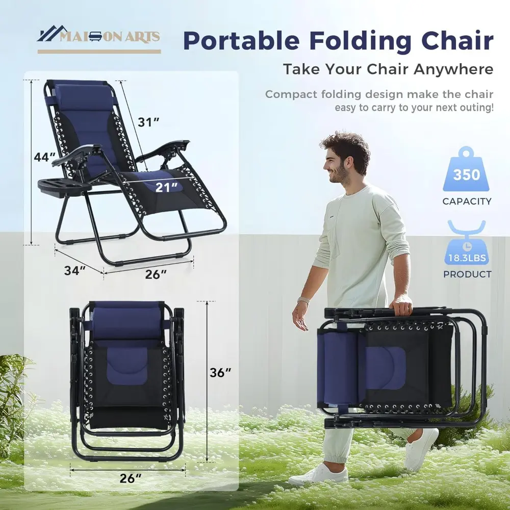 Padded Zero Gravity Lawn Chairs Set of 2 Foldable Patio Recliners Anti Gravity Lounge Chairs w/Pillow & Cup Holder Outdoor Camp