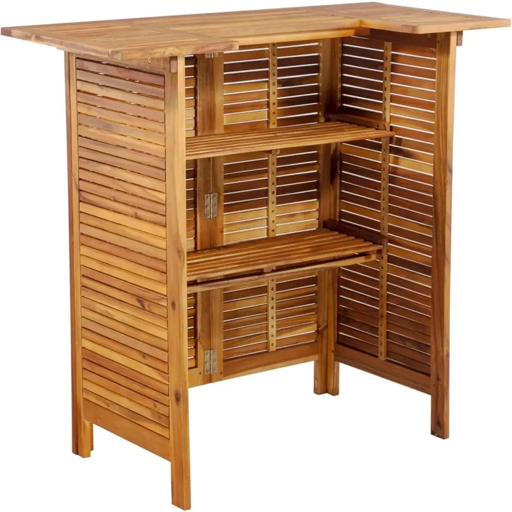 Benjara Outdoor Bar Counter Table w Shelves, 43 Inch Brown Solid Acacia Wood