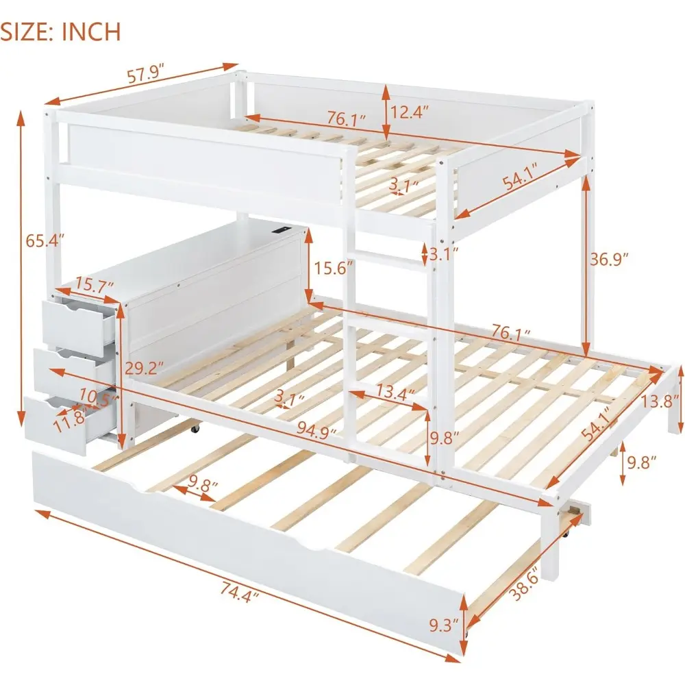 Harper & Bright Designs Full Over Full Bunk Bed Twin Size Trundle, Wood Full Bunk Bed with USB Ports, Storage and Desk, White