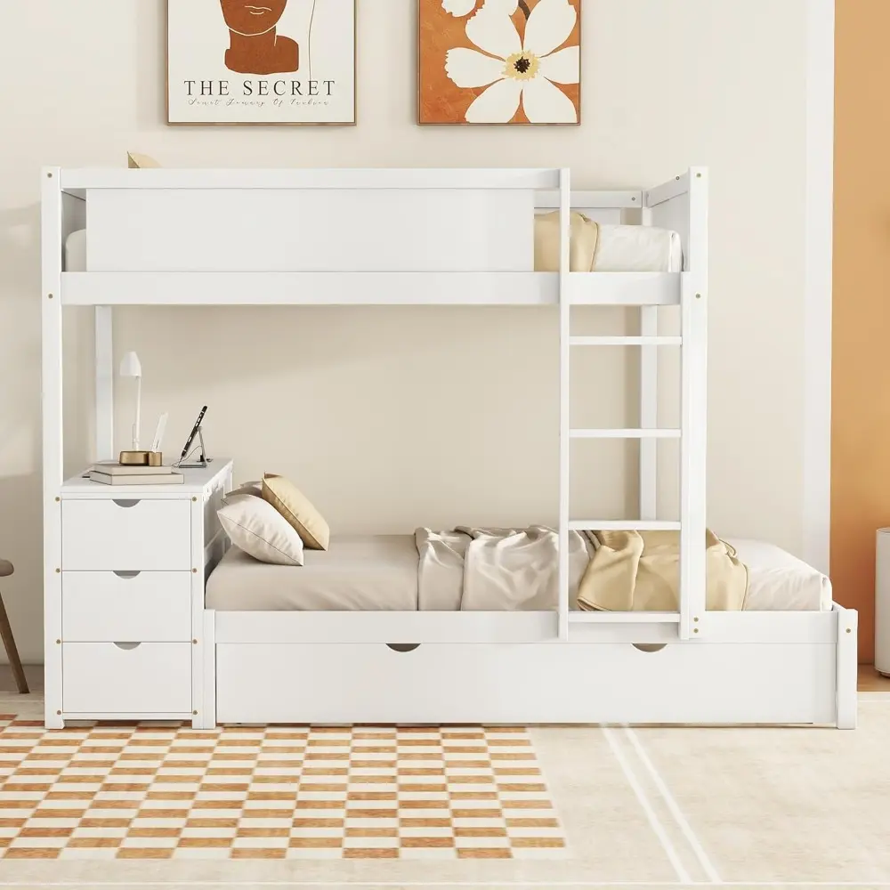 Harper & Bright Designs Full Over Full Bunk Bed Twin Size Trundle, Wood Full Bunk Bed with USB Ports, Storage and Desk, White