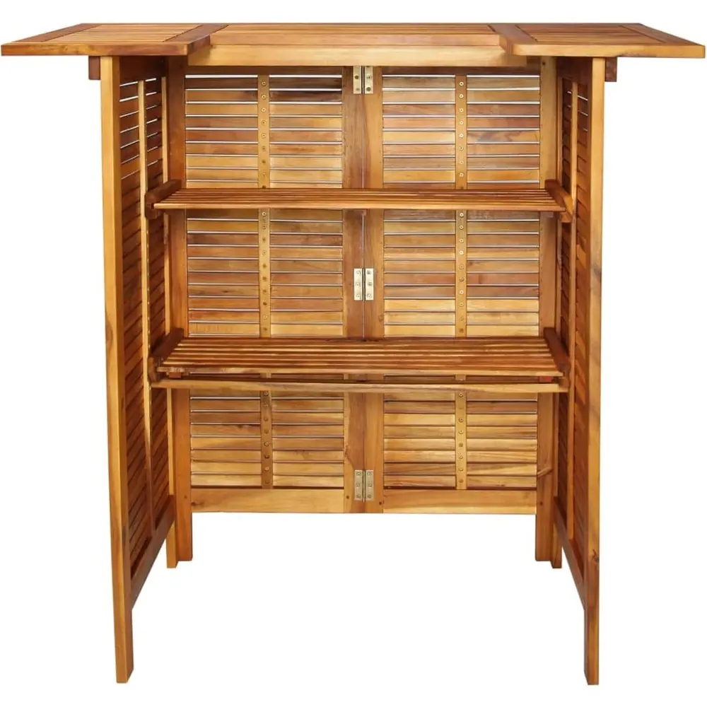 Benjara Outdoor Bar Counter Table w Shelves, 43 Inch Brown Solid Acacia Wood