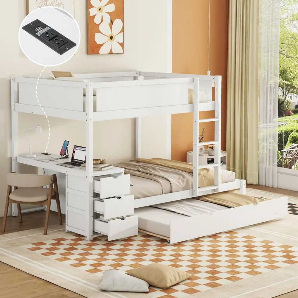Harper & Bright Designs Full Over Full Bunk Bed Twin Size Trundle, Wood Full Bunk Bed with USB Ports, Storage and Desk, White
