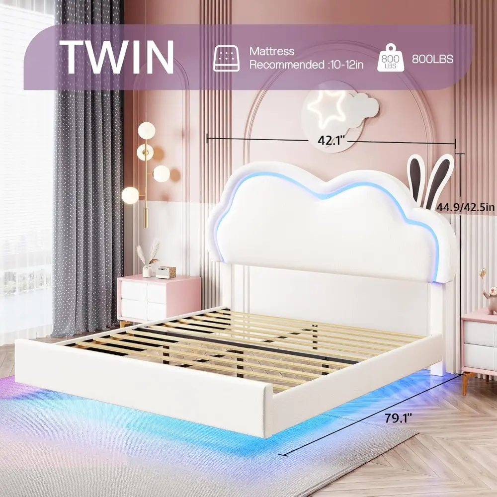 Jocisland LED Twin Bed Frame for Girls Upholstered Floating Bed with Cute Cloud Headboard, No Box Spring Needed, Leather, White