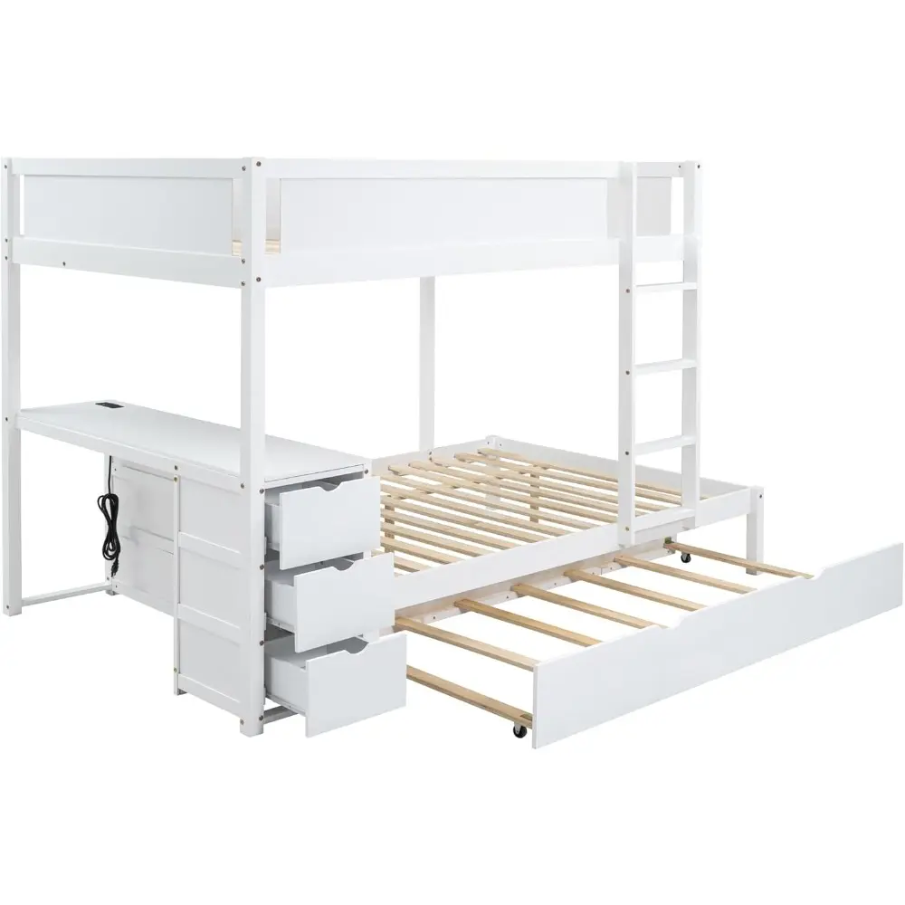 Harper & Bright Designs Full Over Full Bunk Bed Twin Size Trundle, Wood Full Bunk Bed with USB Ports, Storage and Desk, White