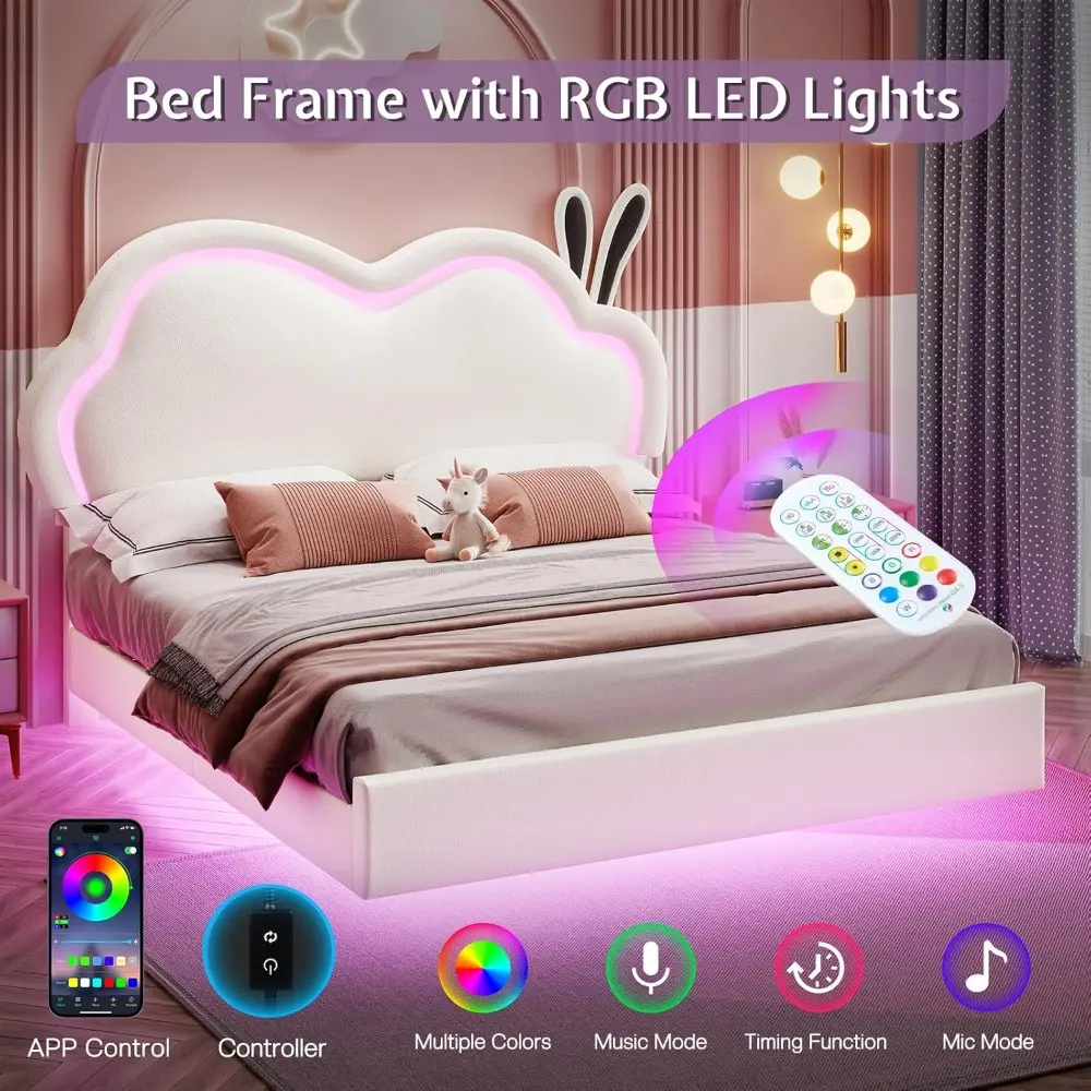 Jocisland LED Twin Bed Frame for Girls Upholstered Floating Bed with Cute Cloud Headboard, No Box Spring Needed, Leather, White