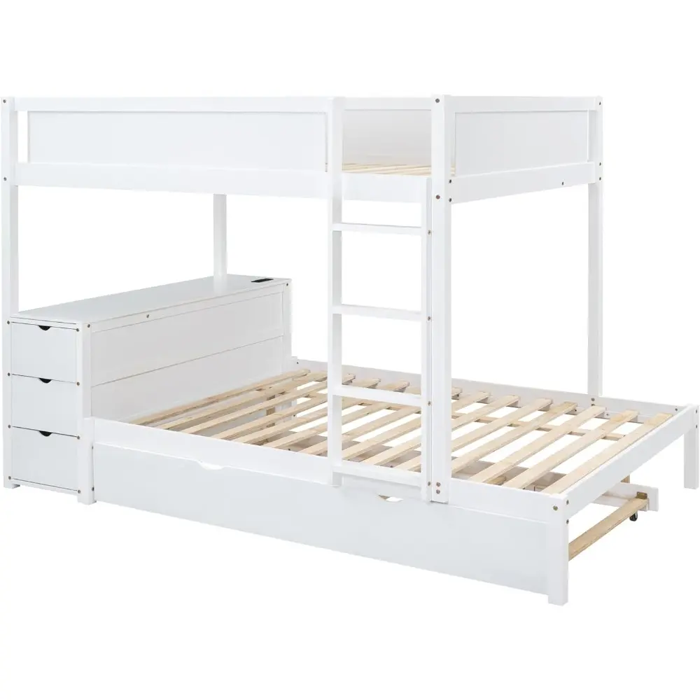 Harper & Bright Designs Full Over Full Bunk Bed Twin Size Trundle, Wood Full Bunk Bed with USB Ports, Storage and Desk, White