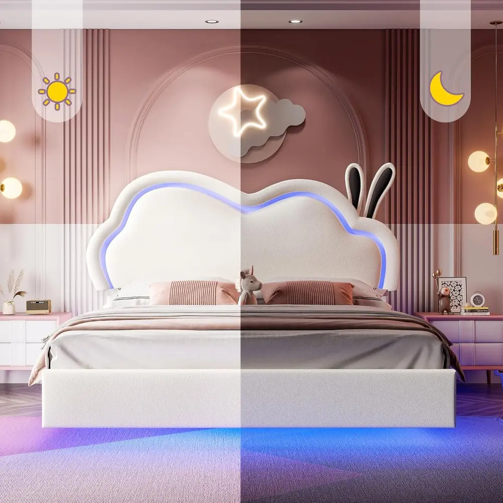 Jocisland LED Twin Bed Frame for Girls Upholstered Floating Bed with Cute Cloud Headboard, No Box Spring Needed, Leather, White