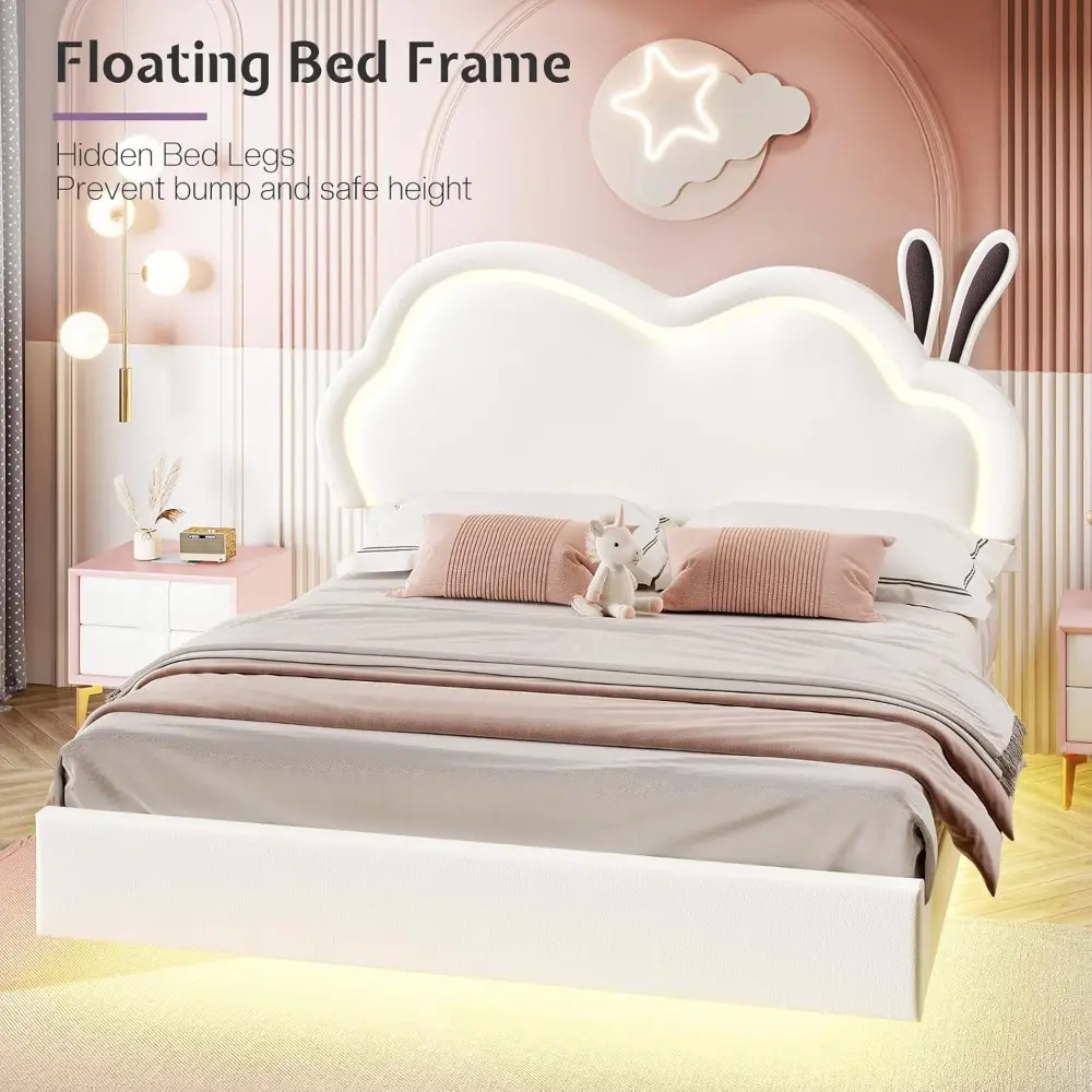 Jocisland LED Twin Bed Frame for Girls Upholstered Floating Bed with Cute Cloud Headboard, No Box Spring Needed, Leather, White