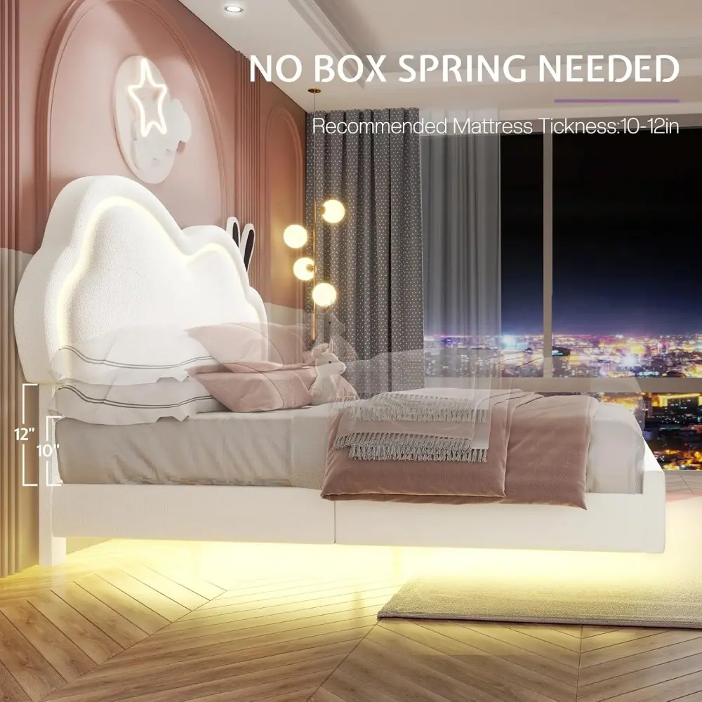 Jocisland LED Twin Bed Frame for Girls Upholstered Floating Bed with Cute Cloud Headboard, No Box Spring Needed, Leather, White