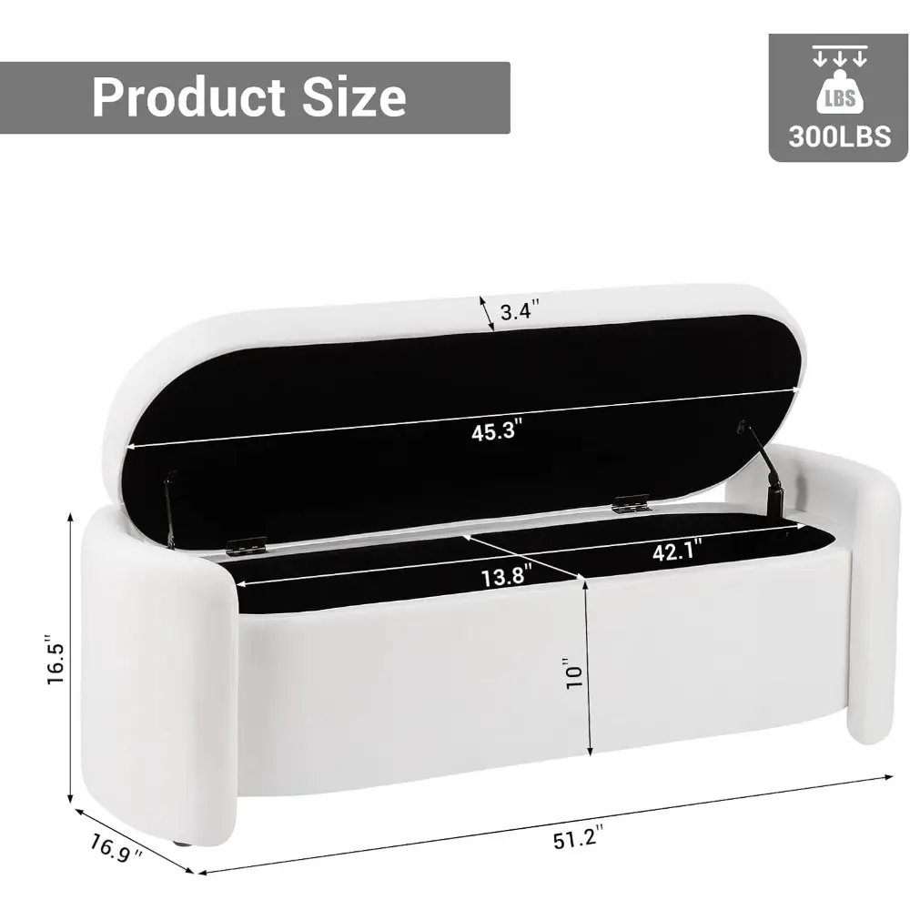 Modern Oval Storage Ottoman Bench, 52.1" Upholstered Fabric End of Bed Bench with Safety Hinge and Seating, White Velvet Ottoman