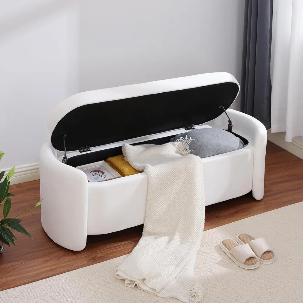Modern Oval Storage Ottoman Bench, 52.1" Upholstered Fabric End of Bed Bench with Safety Hinge and Seating, White Velvet Ottoman
