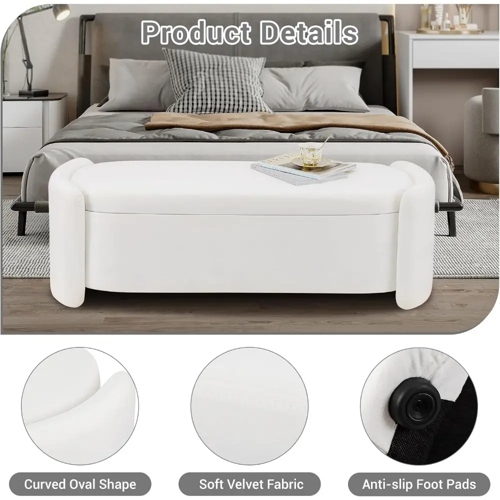 Modern Oval Storage Ottoman Bench, 52.1" Upholstered Fabric End of Bed Bench with Safety Hinge and Seating, White Velvet Ottoman