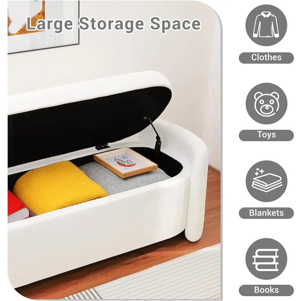 Modern Oval Storage Ottoman Bench, 52.1" Upholstered Fabric End of Bed Bench with Safety Hinge and Seating, White Velvet Ottoman