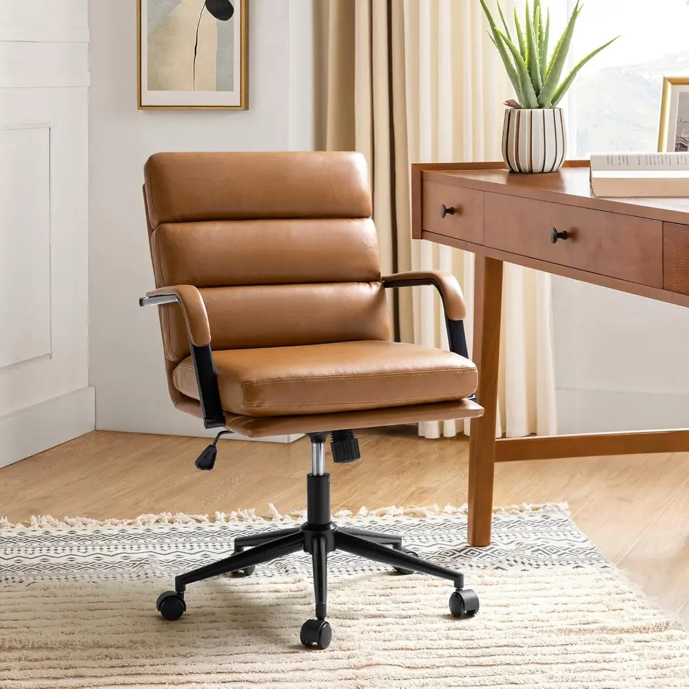 Modern Faux Leather Home Office Chair with Tilt Lock & Metal Base, Desk Chair with Wheels & Padded Cushion, 360° Swivel Wide Se