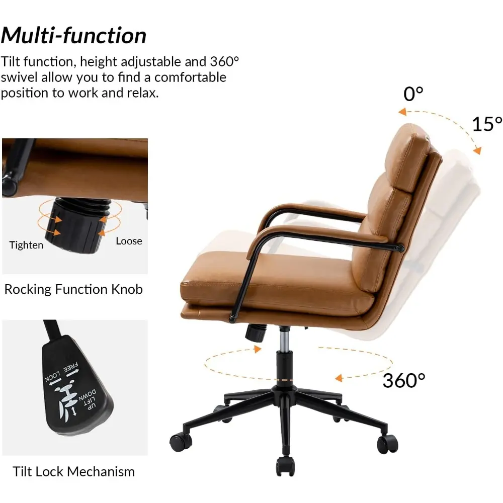 Modern Faux Leather Home Office Chair with Tilt Lock & Metal Base, Desk Chair with Wheels & Padded Cushion, 360° Swivel Wide Se