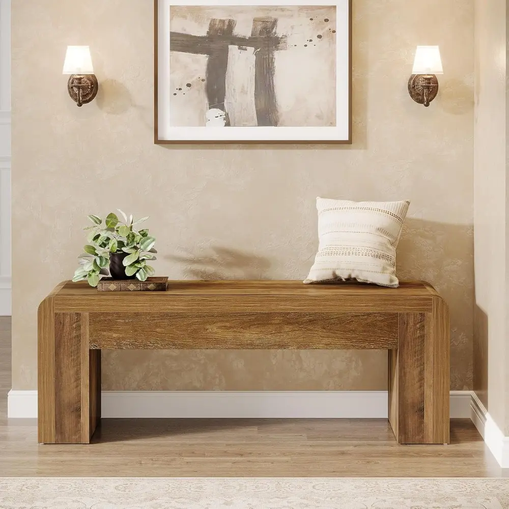 47" Long Entryway Bench, Large Engineered Wood Shoe Bench with Heavy-Duty Legs, Farmhouse End of Bed Bench for Bedroom, Entrywa