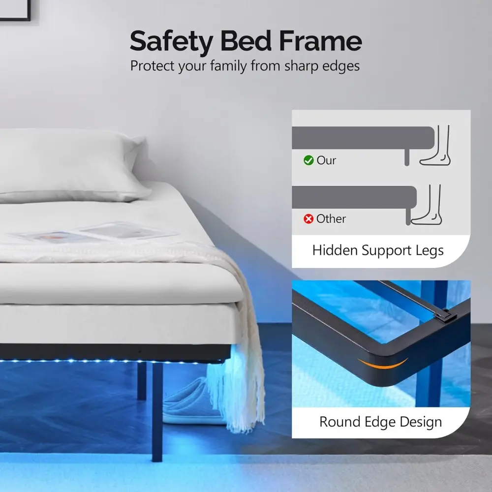 VINGLI Floating Bed Frame Queen with USB Charging Station/LED Lights, 14'' Platform Bed Frame Heavy Duty Metal Bed Queen Size fo