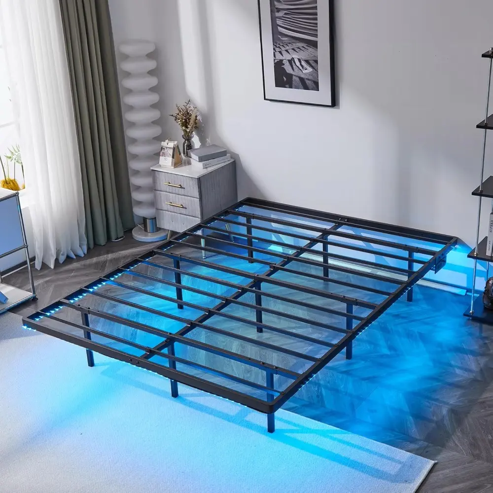 VINGLI Floating Bed Frame Queen with USB Charging Station/LED Lights, 14'' Platform Bed Frame Heavy Duty Metal Bed Queen Size fo