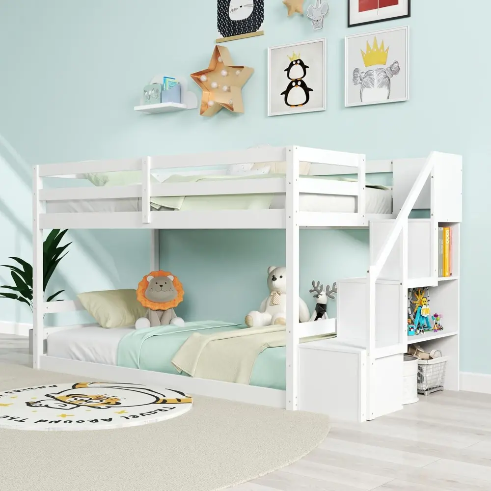 KOMFOTT Wood Twin Over Twin Low Bunk Bed with Storage Staircase, Wooden Bunk Bed Frame with Full-Length Guardrails, Low Profile
