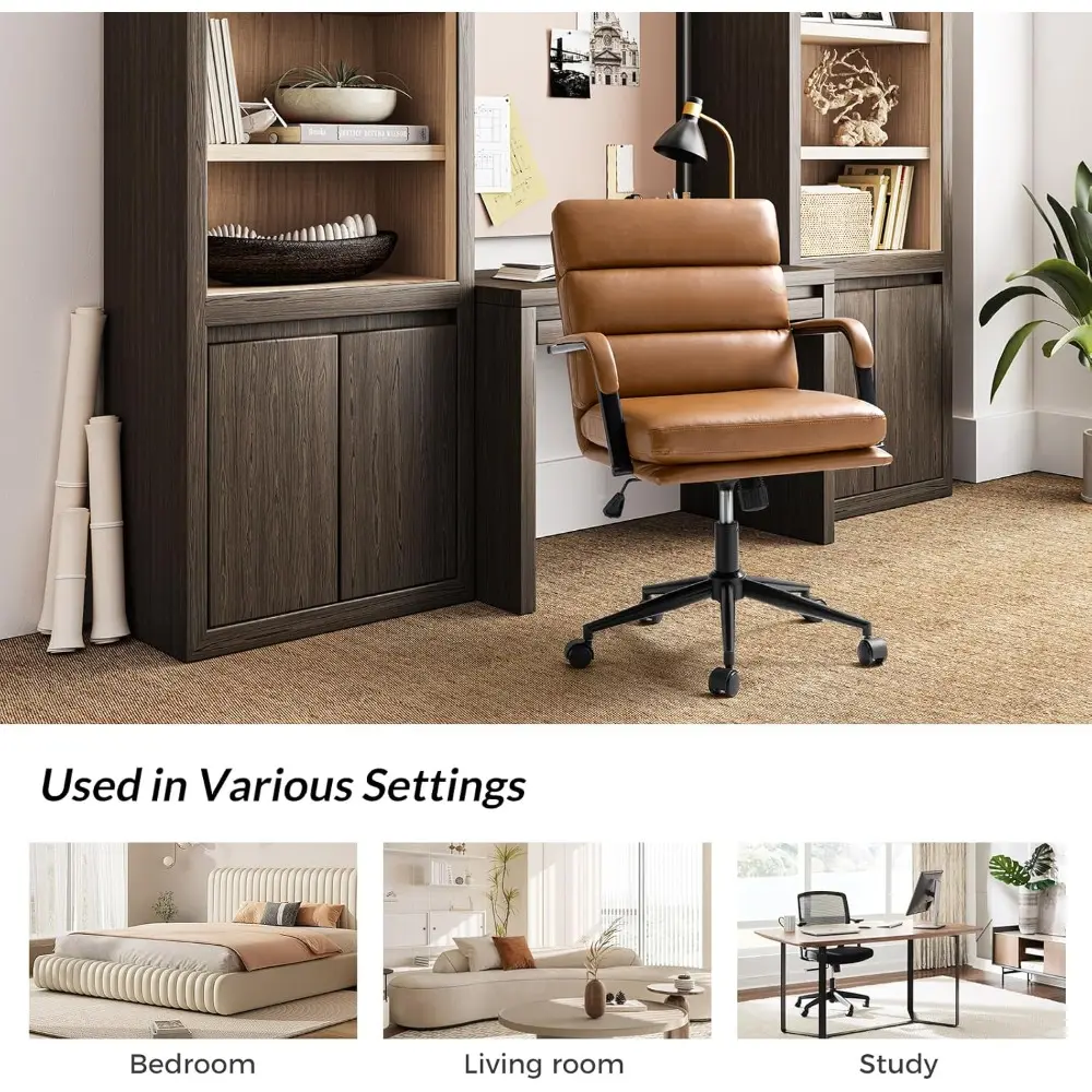 Modern Faux Leather Home Office Chair with Tilt Lock & Metal Base, Desk Chair with Wheels & Padded Cushion, 360° Swivel Wide Se