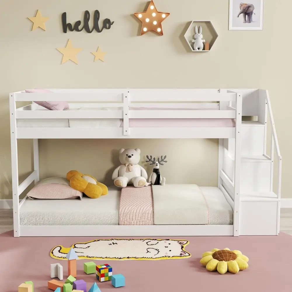 KOMFOTT Wood Twin Over Twin Low Bunk Bed with Storage Staircase, Wooden Bunk Bed Frame with Full-Length Guardrails, Low Profile