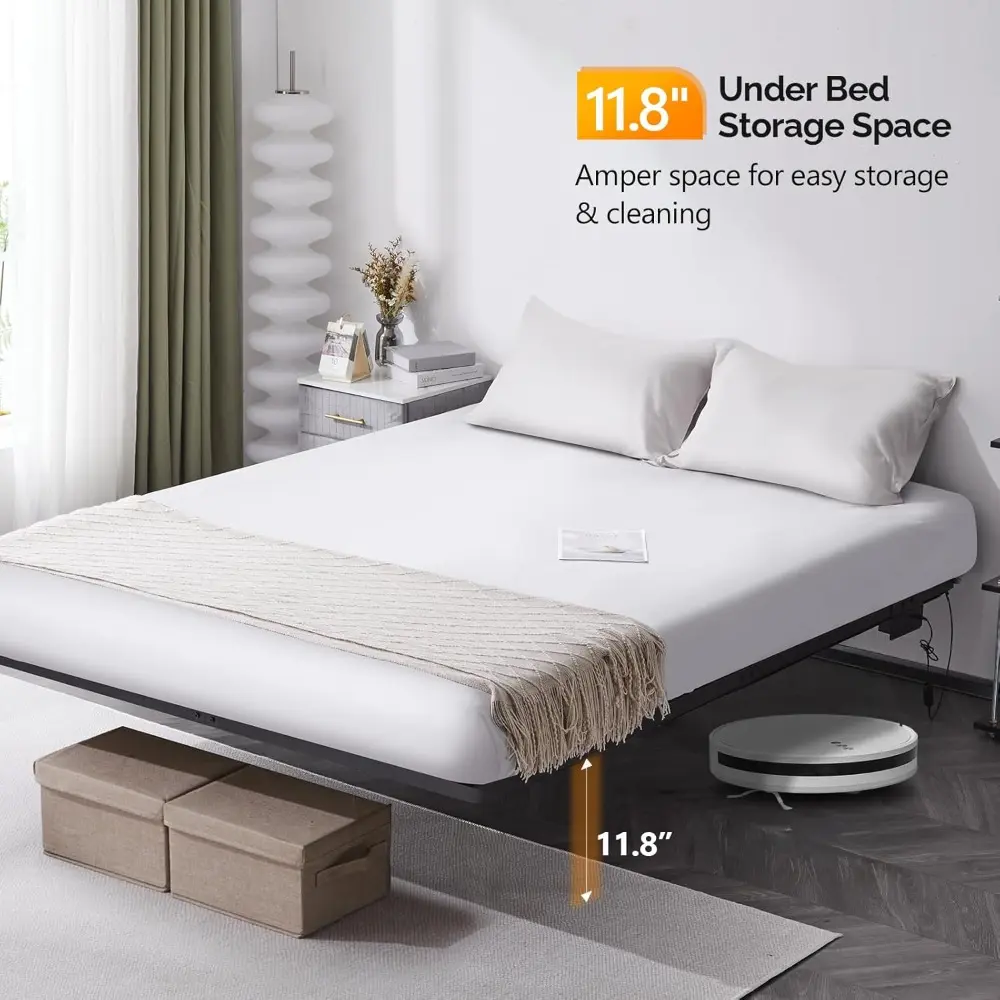VINGLI Floating Bed Frame Queen with USB Charging Station/LED Lights, 14'' Platform Bed Frame Heavy Duty Metal Bed Queen Size fo