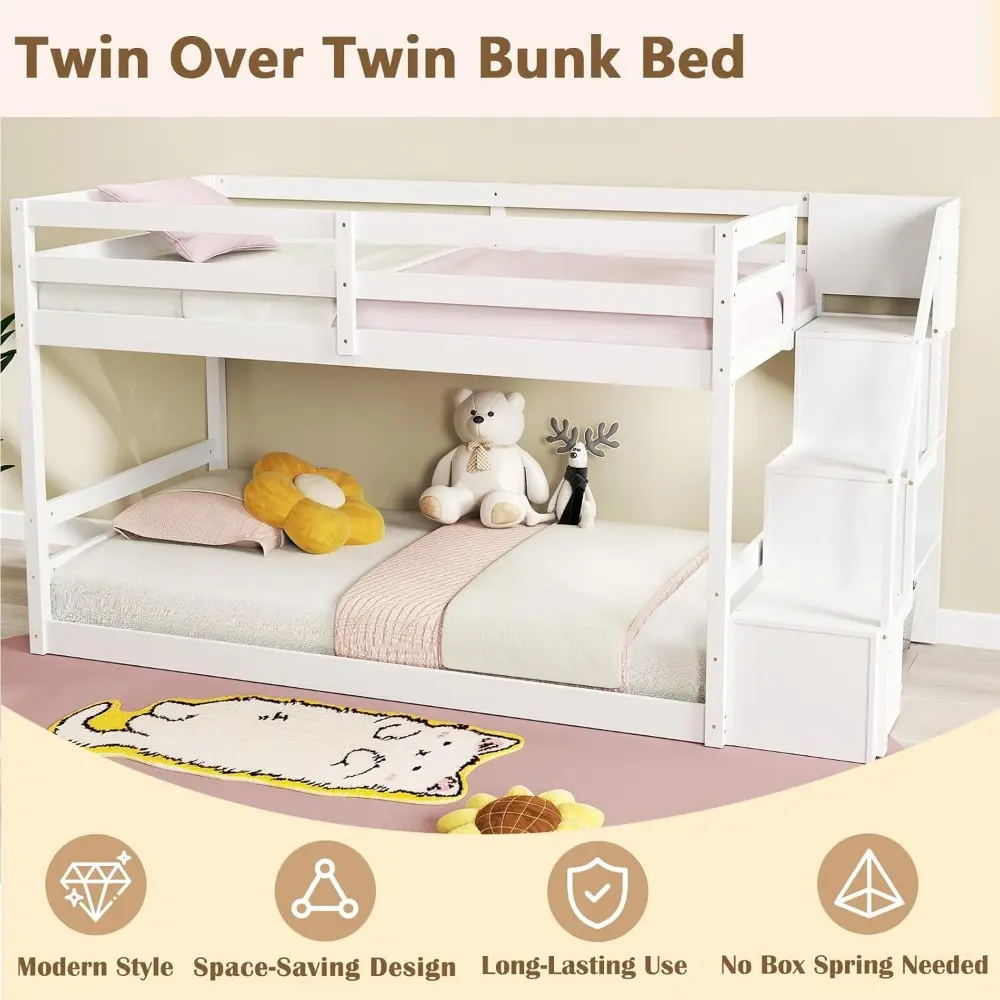 KOMFOTT Wood Twin Over Twin Low Bunk Bed with Storage Staircase, Wooden Bunk Bed Frame with Full-Length Guardrails, Low Profile