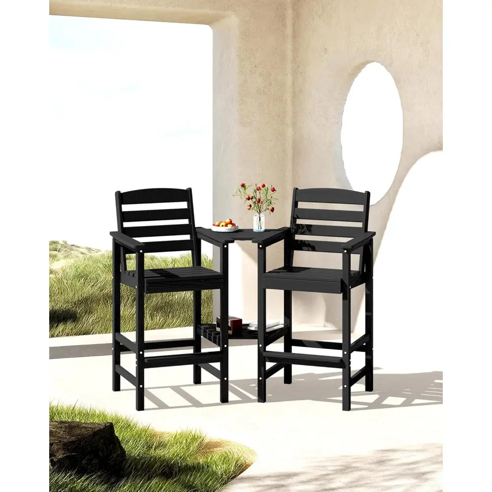 Tall Adirondack Chairs Set of 2 with Connecting Table, All Weather Outdoor Barstools, Black