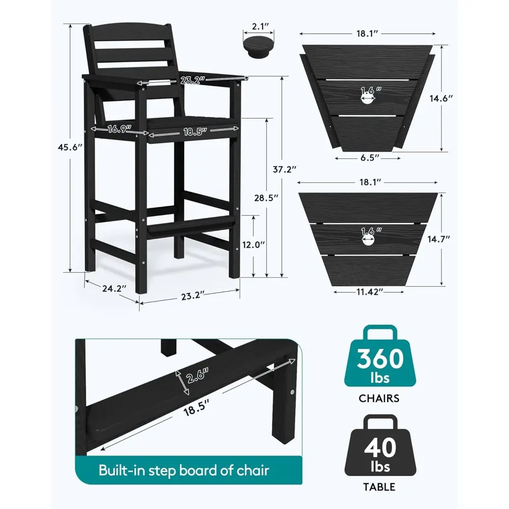 Tall Adirondack Chairs Set of 2 with Connecting Table, All Weather Outdoor Barstools, Black
