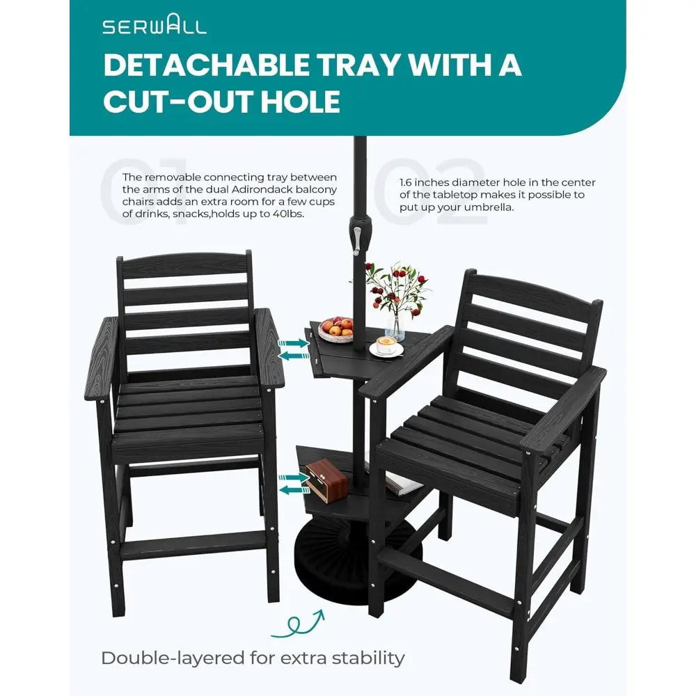 Tall Adirondack Chairs Set of 2 with Connecting Table, All Weather Outdoor Barstools, Black
