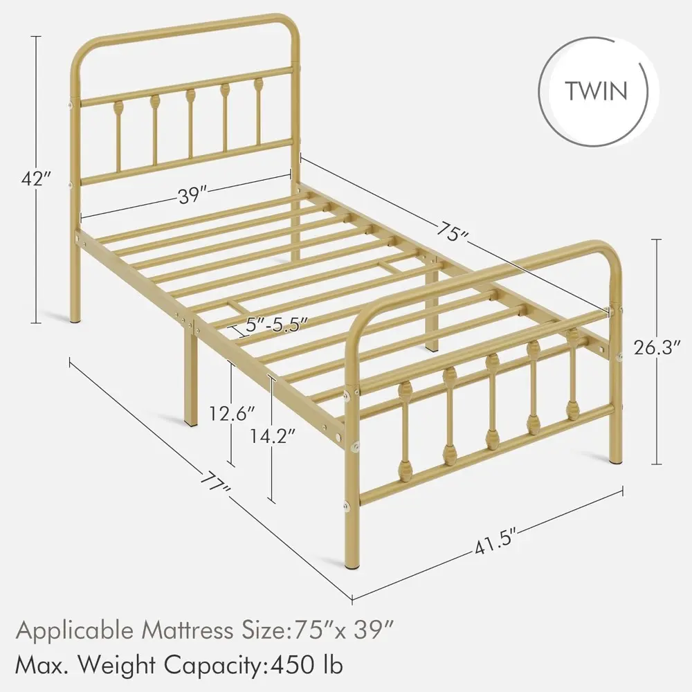 Yaheetech 2Pcs Twin Size Metal Platform Bed Frame with Victorian Style Iron-Art Headboard/Footboard/Under Bed Storage/No Box Spr