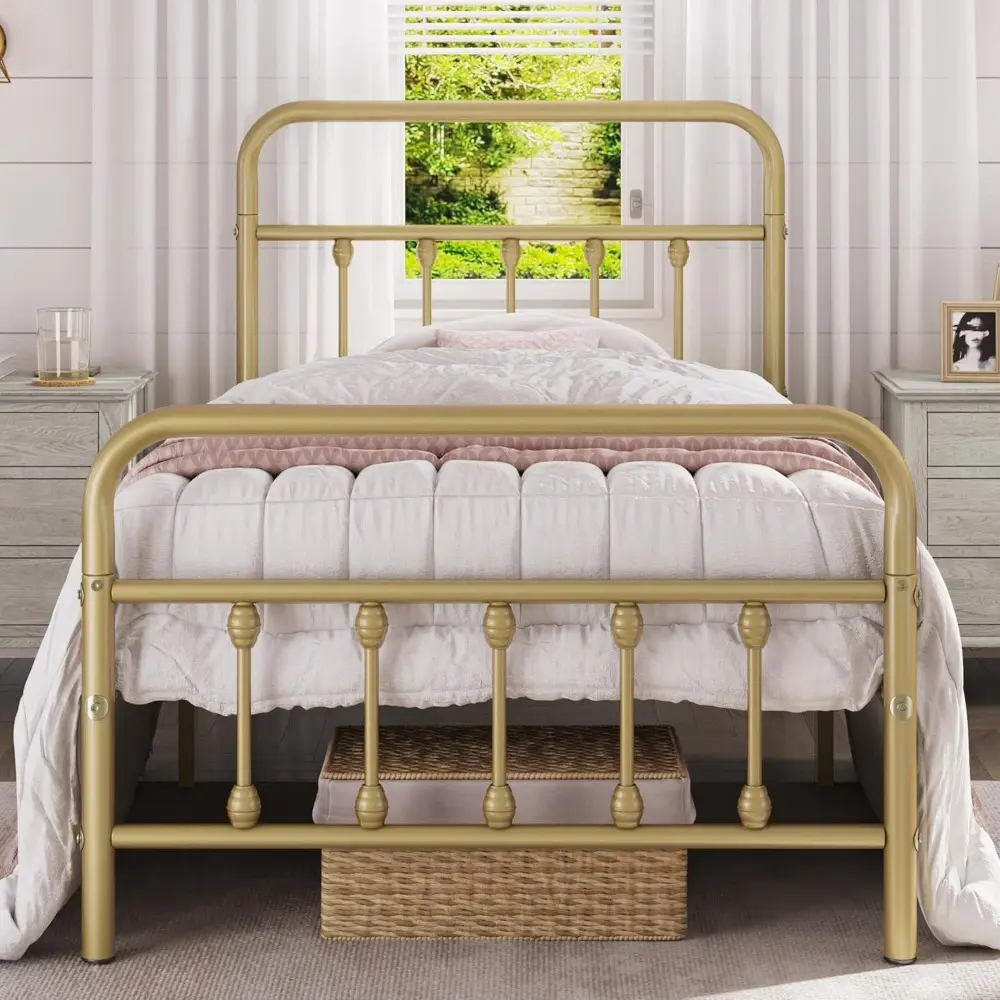 Yaheetech 2Pcs Twin Size Metal Platform Bed Frame with Victorian Style Iron-Art Headboard/Footboard/Under Bed Storage/No Box Spr