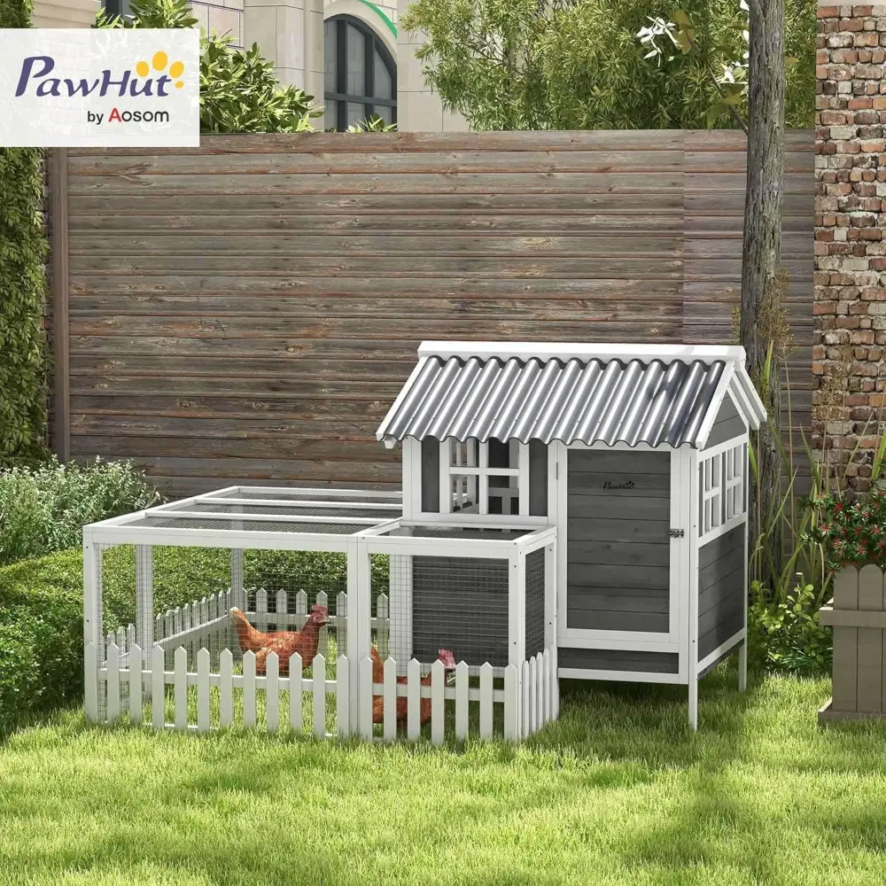 Wooden Chicken Coop with Run for 3-4 Chickens, Hen House with Nesting Box, Removable Tray, Fence, Outdoor Poultry Cage, 68" x 5
