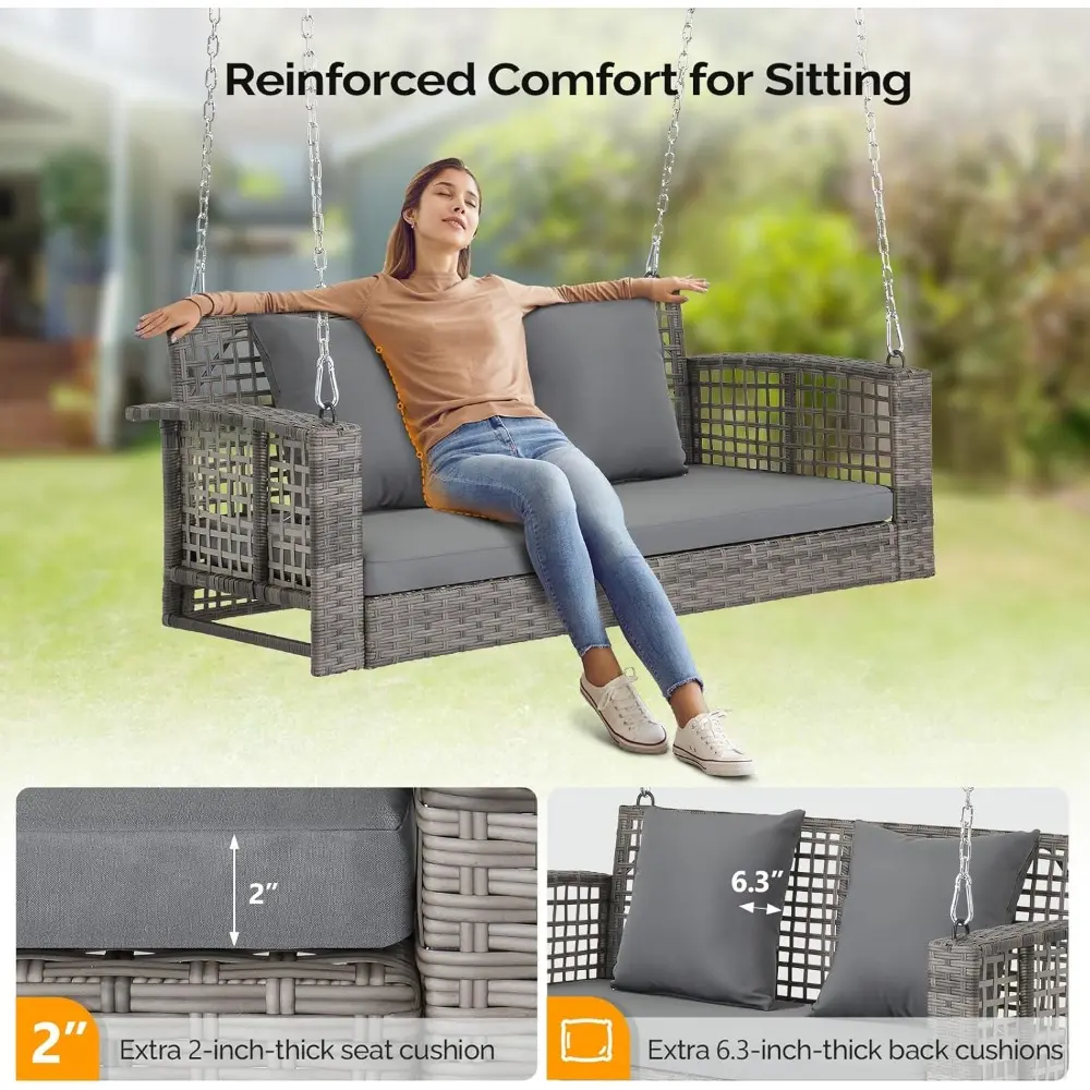 4 FT Rattan Porch Swing Outdoor Support 800 LBS with Cushions & Adjustable Chains, Patio Wicker Swing Bench Chair for Garden, Y