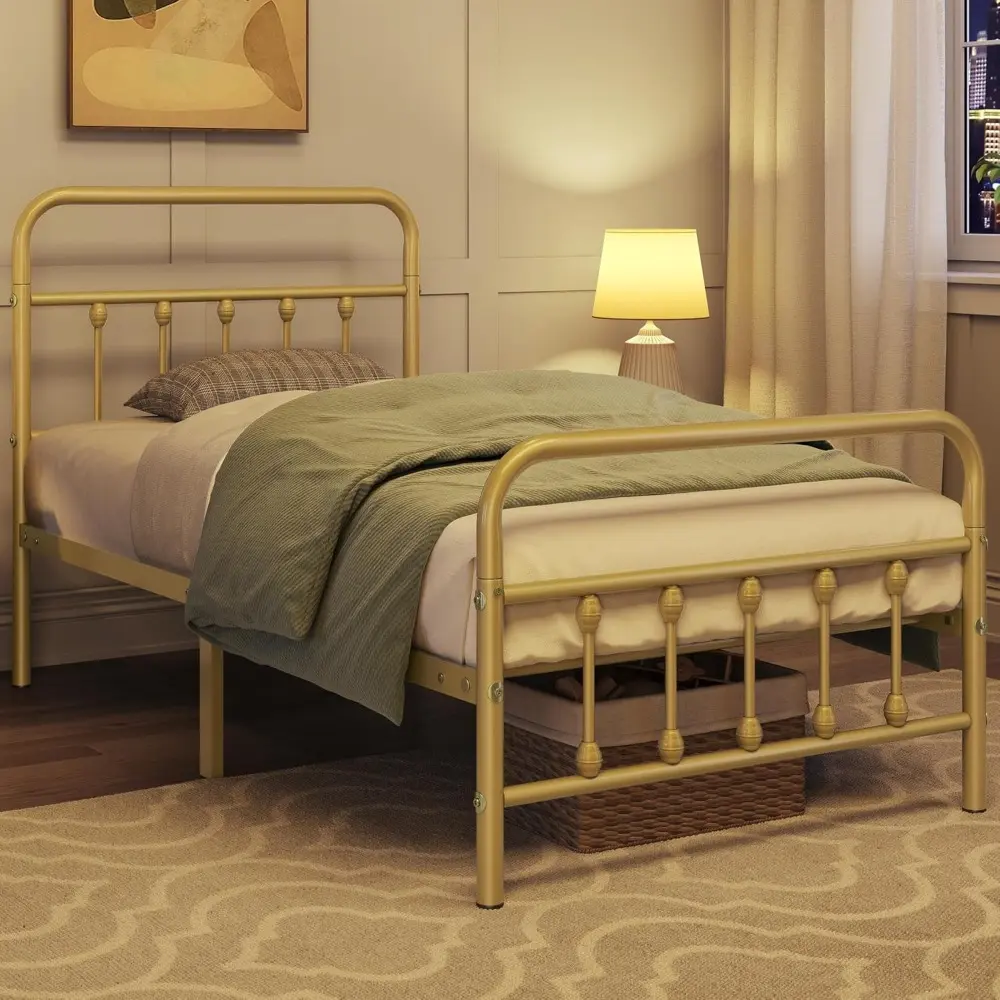 Yaheetech 2Pcs Twin Size Metal Platform Bed Frame with Victorian Style Iron-Art Headboard/Footboard/Under Bed Storage/No Box Spr
