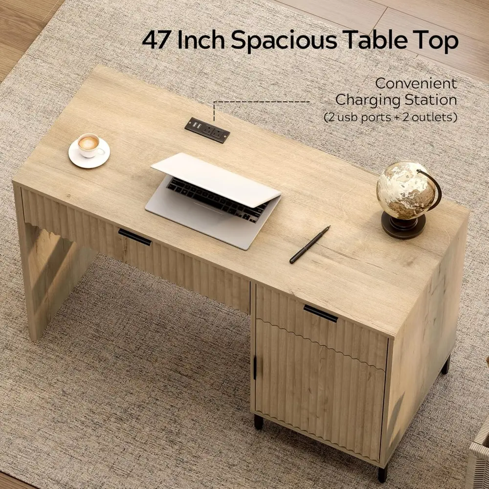 47" Home Office Desk with Fluted Drawers, Wood Exectuive Desk with Storage Cabinet, Charging Station, Metal Legs Modern Farmhous