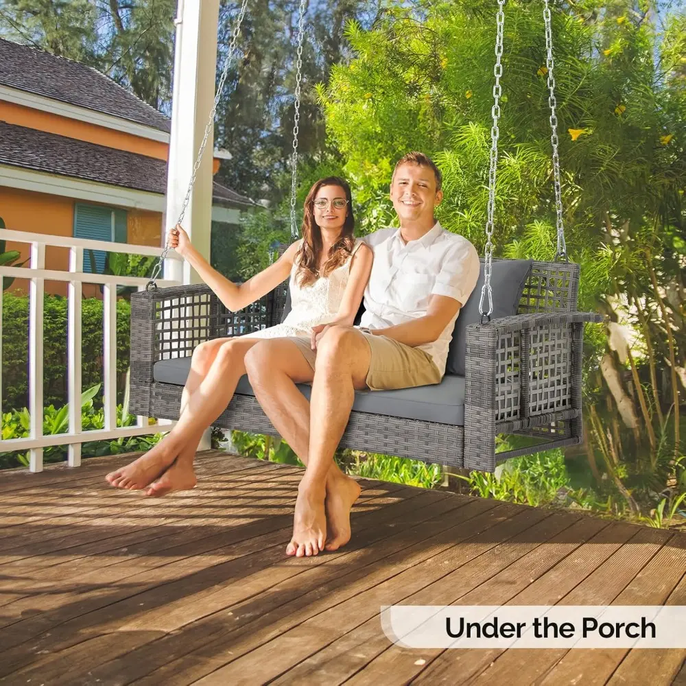 4 FT Rattan Porch Swing Outdoor Support 800 LBS with Cushions & Adjustable Chains, Patio Wicker Swing Bench Chair for Garden, Y