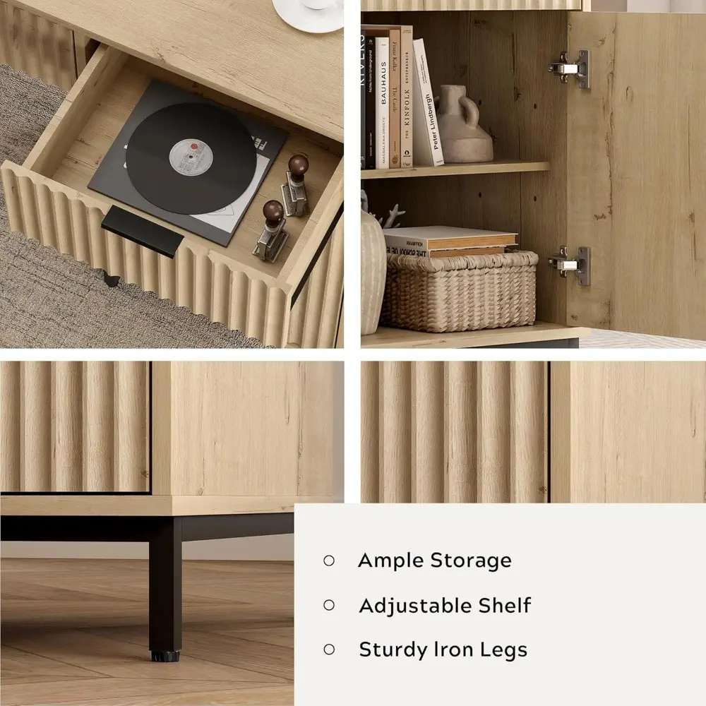 47" Home Office Desk with Fluted Drawers, Wood Exectuive Desk with Storage Cabinet, Charging Station, Metal Legs Modern Farmhous