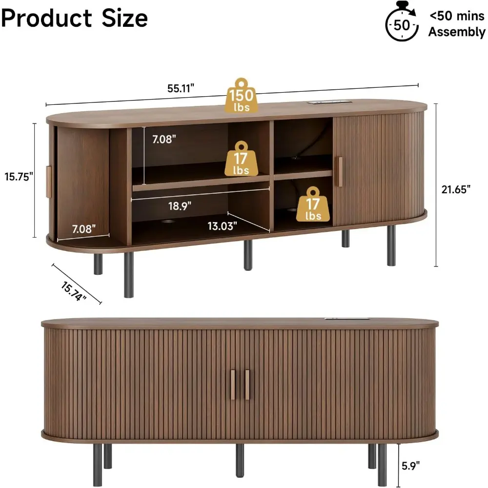 55" TV Stand with Power Outlet for TVs up to 60 Inch, Entertainment Center with Storage and Adjustable Shelves, Modern Media Con