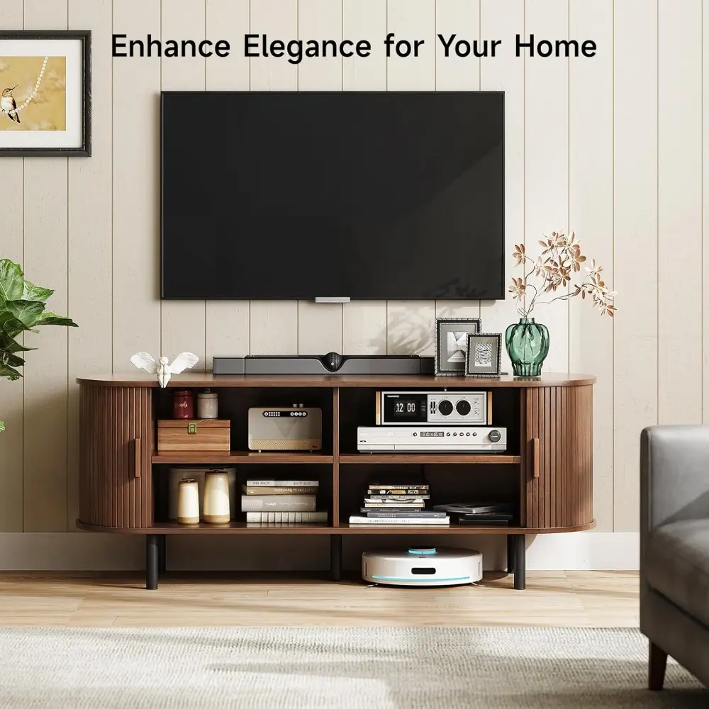 55" TV Stand with Power Outlet for TVs up to 60 Inch, Entertainment Center with Storage and Adjustable Shelves, Modern Media Con