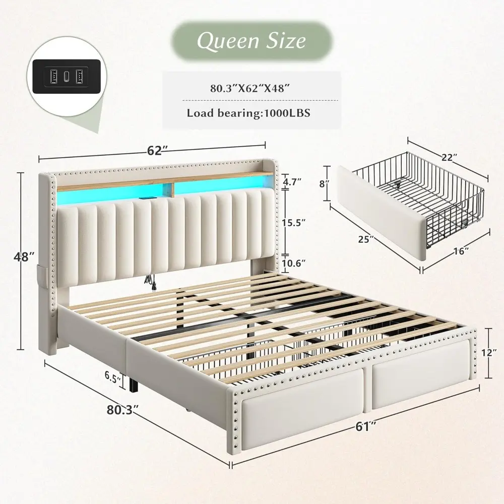EnHomee Queen Bed Frame with 2 Storage Drawers, Upholstered Platform Bed with LED Lights and Charging Station, Sturdy Wooden Sla