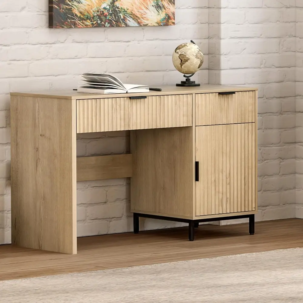 47" Home Office Desk with Fluted Drawers, Wood Exectuive Desk with Storage Cabinet, Charging Station, Metal Legs Modern Farmhous