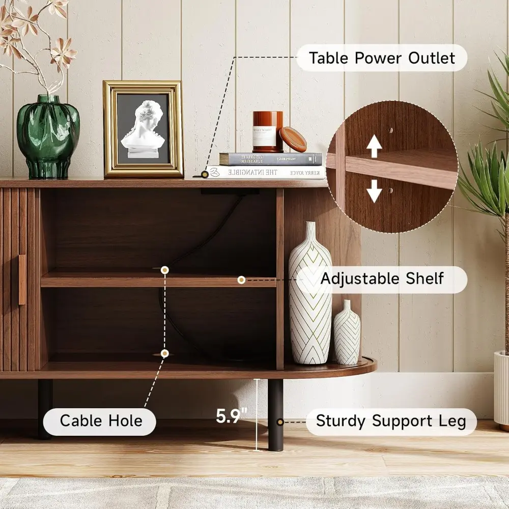 55" TV Stand with Power Outlet for TVs up to 60 Inch, Entertainment Center with Storage and Adjustable Shelves, Modern Media Con
